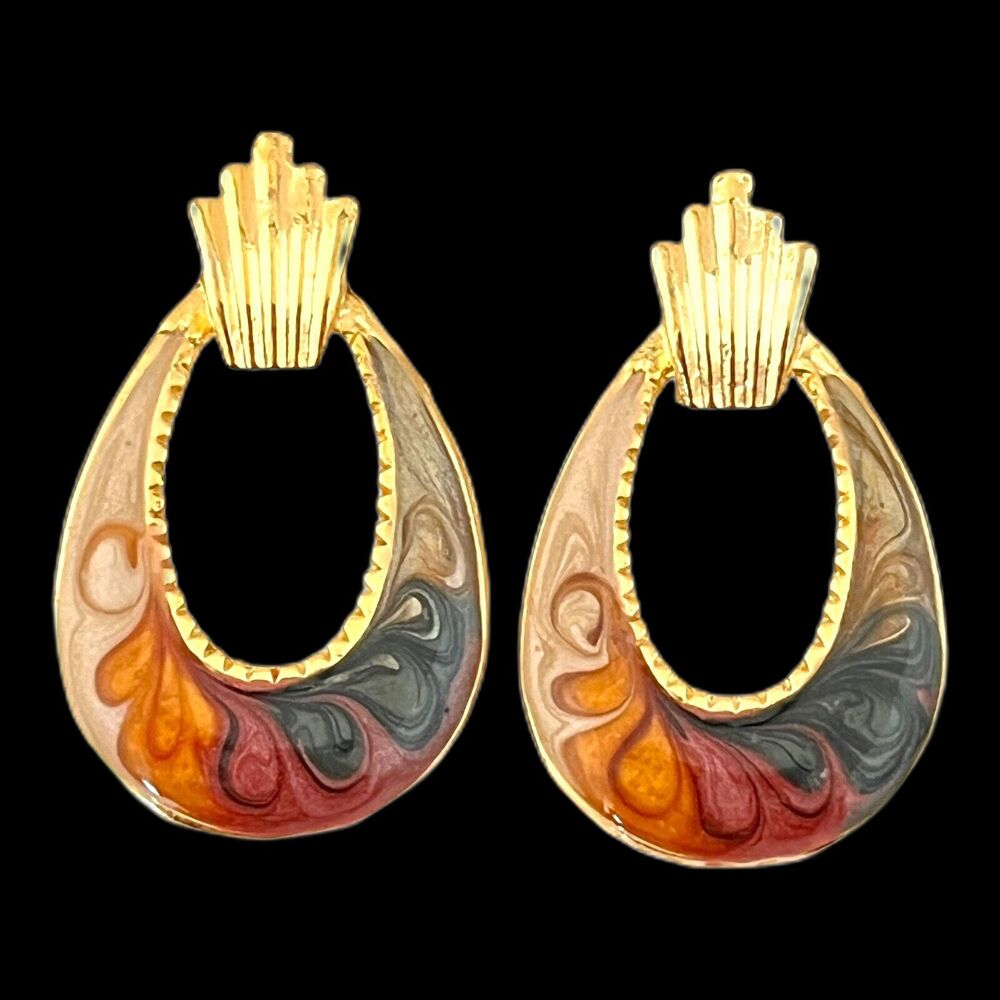 Vintage 1980s Gold Tone Drop Earrings Multicolor Shimmer Enamel Pierced - 3H